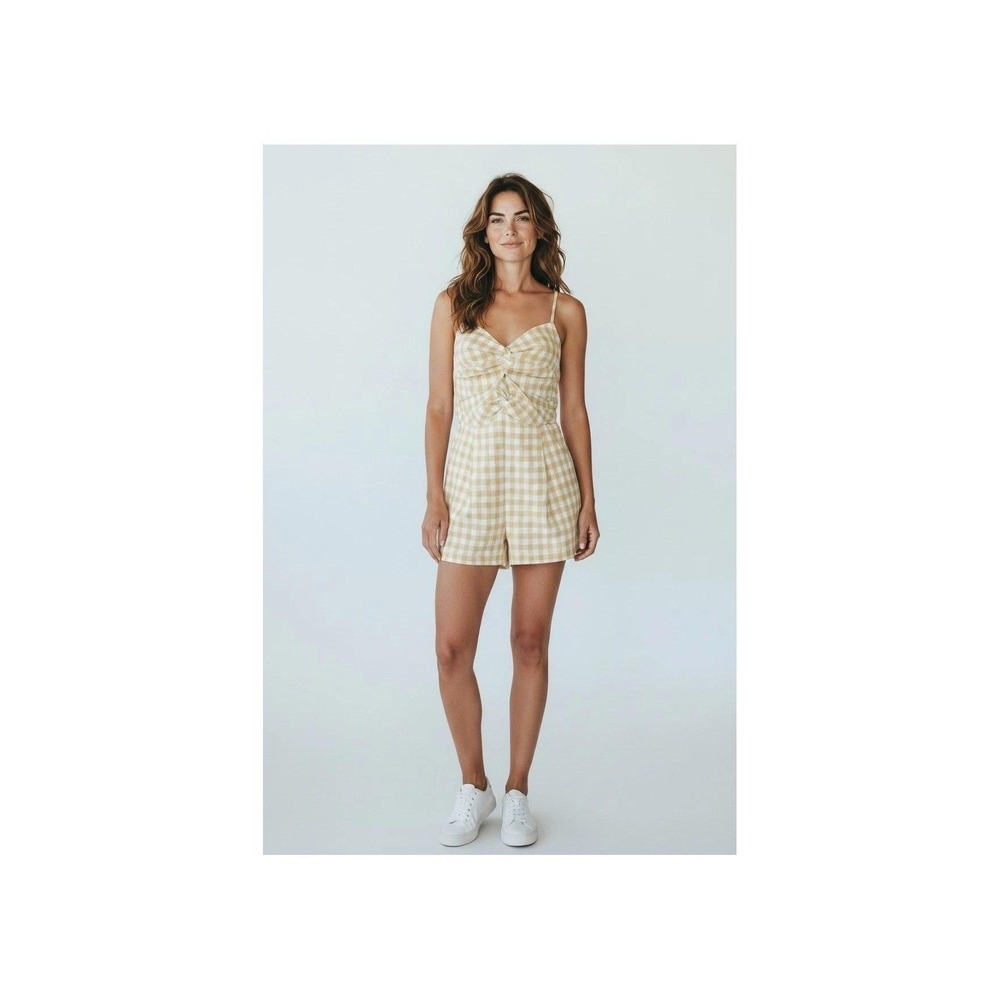 Promesa Brown Gingham Twist Front Cutout Romper Medium NWT